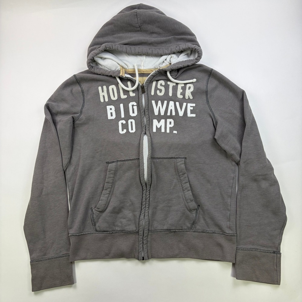 Y2K Hollister Big Wave Zip Up Hoodie Mens XL Grey Graphic Surf Fleece Sweatshirt